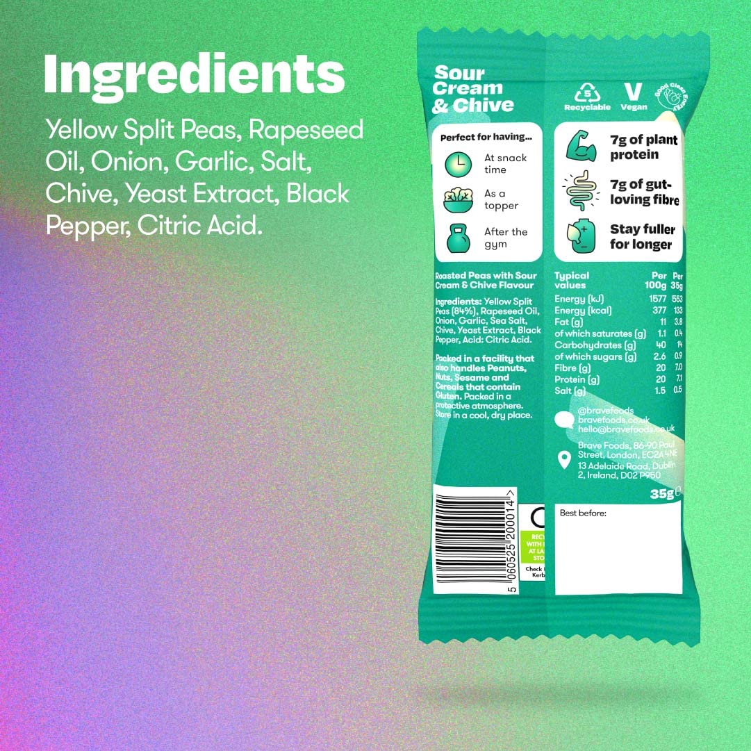 BRAVE Crunchy Peas: Sour Cream and Chive - Delicious Healthy Snacks - Vegan - High in Plant Protein & Fibre - Low Calorie - Plant-Based - No Sugar - Box of 12 Packs (35g Each)