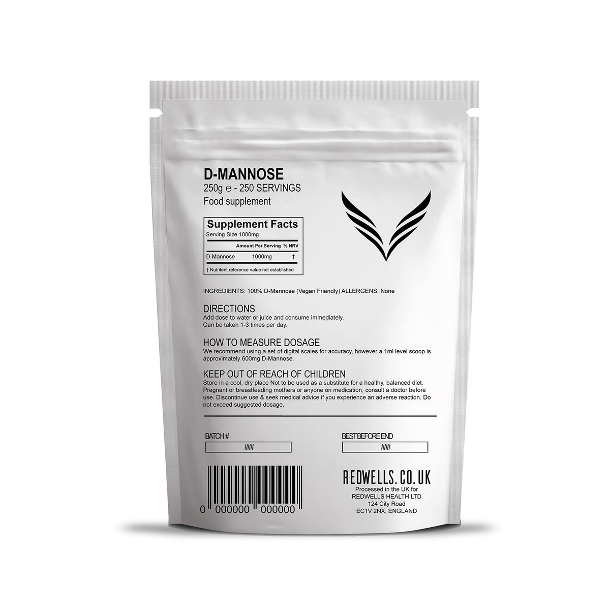 REDWELLS 250g Pure D-Mannose Powder for Cystitis & Urinary Tract Infections GMO Free Vegan