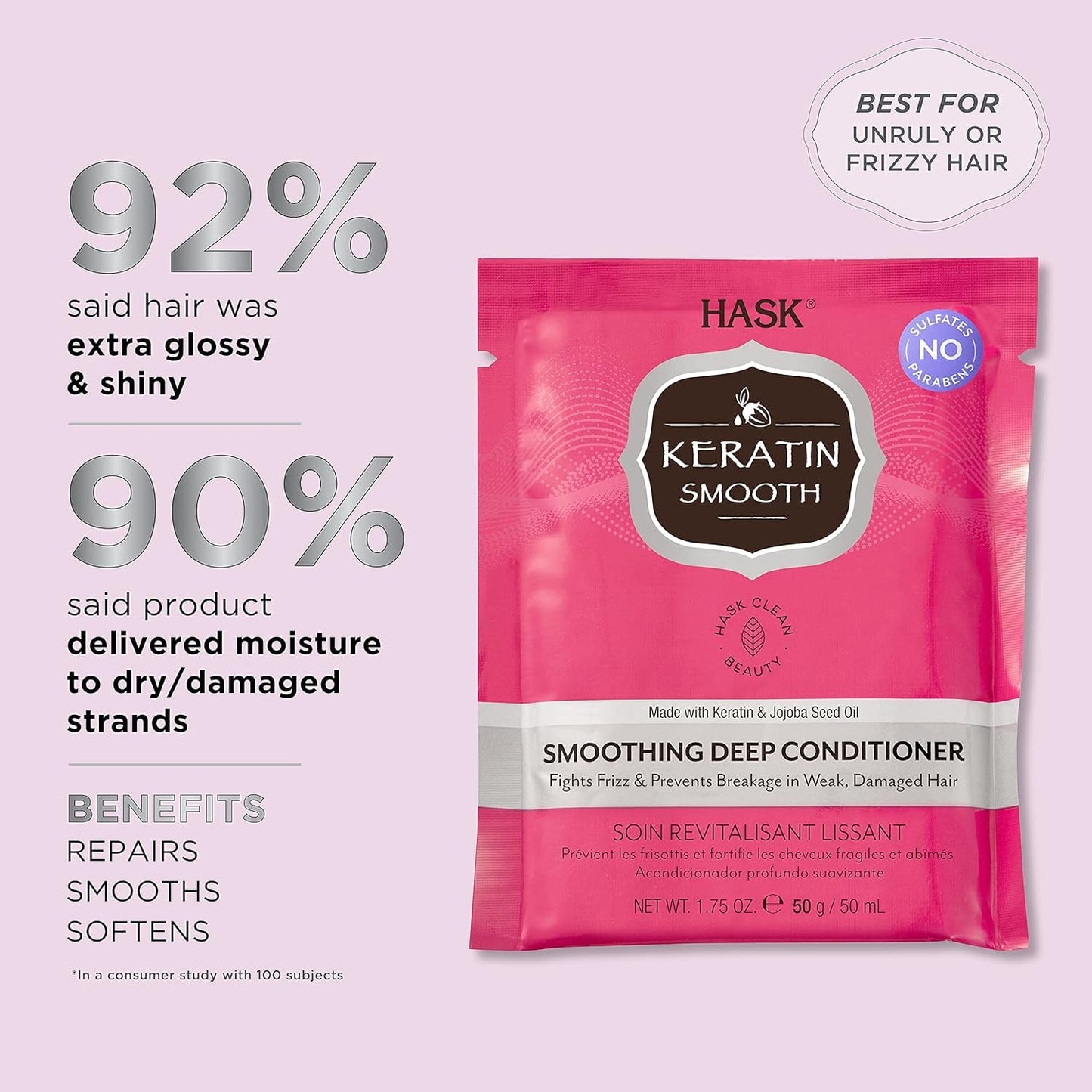 HASK Keratin Smoothing Deep Conditioner Treatment for all hair types, colour safe, gluten-free, sulfate-free, paraben-free - 1 50mL Packette