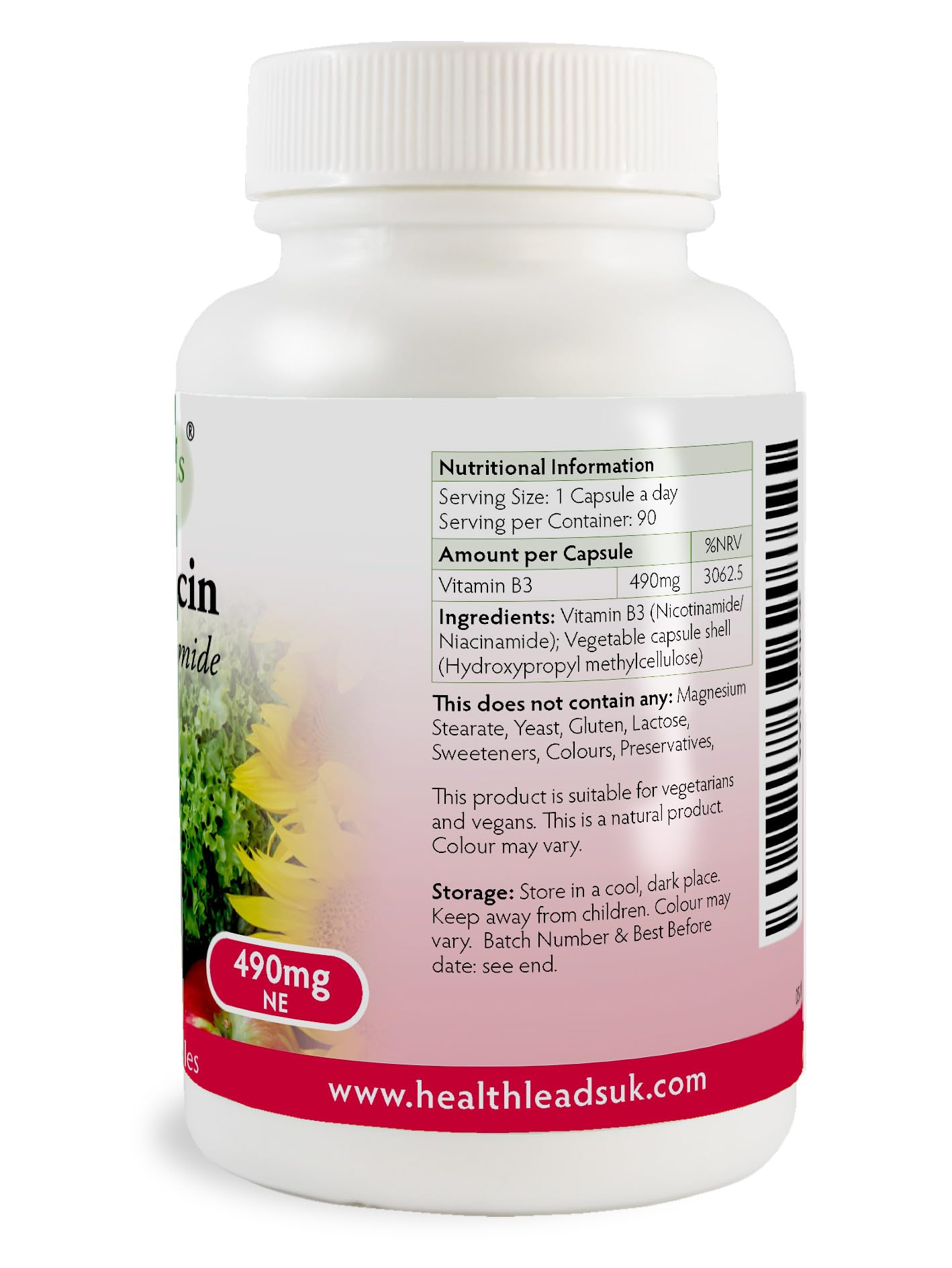Health Leads ...Working With Nature No-Flush Niacin 490mg x 90 Capsules, Nicotinamide/Niacinamide - Flush Free Form of Vitamin B3/Niacin,Magnesium Stearate Free & No Nasty Additives, Vegan, Made in Wales