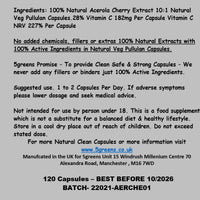Acerola Cherry Extract Capsules Natural Vitamin C - Pure 100% Natural and Highly Absorbable Source of VIT C – Manufactured by 5greens in The UK (120 Capsules)