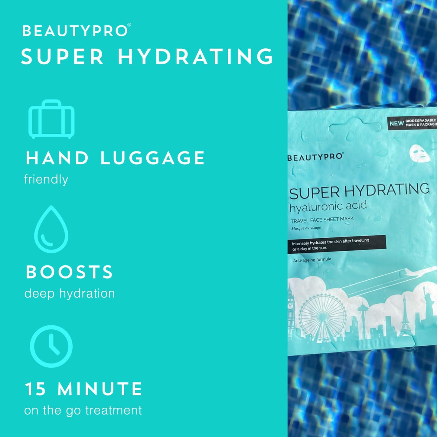 BEAUTYPRO SUPER HYDRATING Travel Face Sheet Mask | Face Masks Skincare | 100% Plant Based | Vegan | Sheet Mask | 100% Biodegradable | Plant Based Formula | Hyaluronic Acid