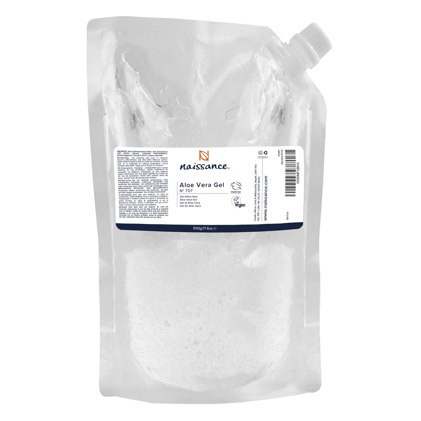 Naissance Aloe Vera Gel (No. 707) 500g ECO Refill Pouch - Cooling, Soothing and Moisturising, Aftersun, For All Skin Types, Face, Body and Hair - Cruelty Free and Vegan