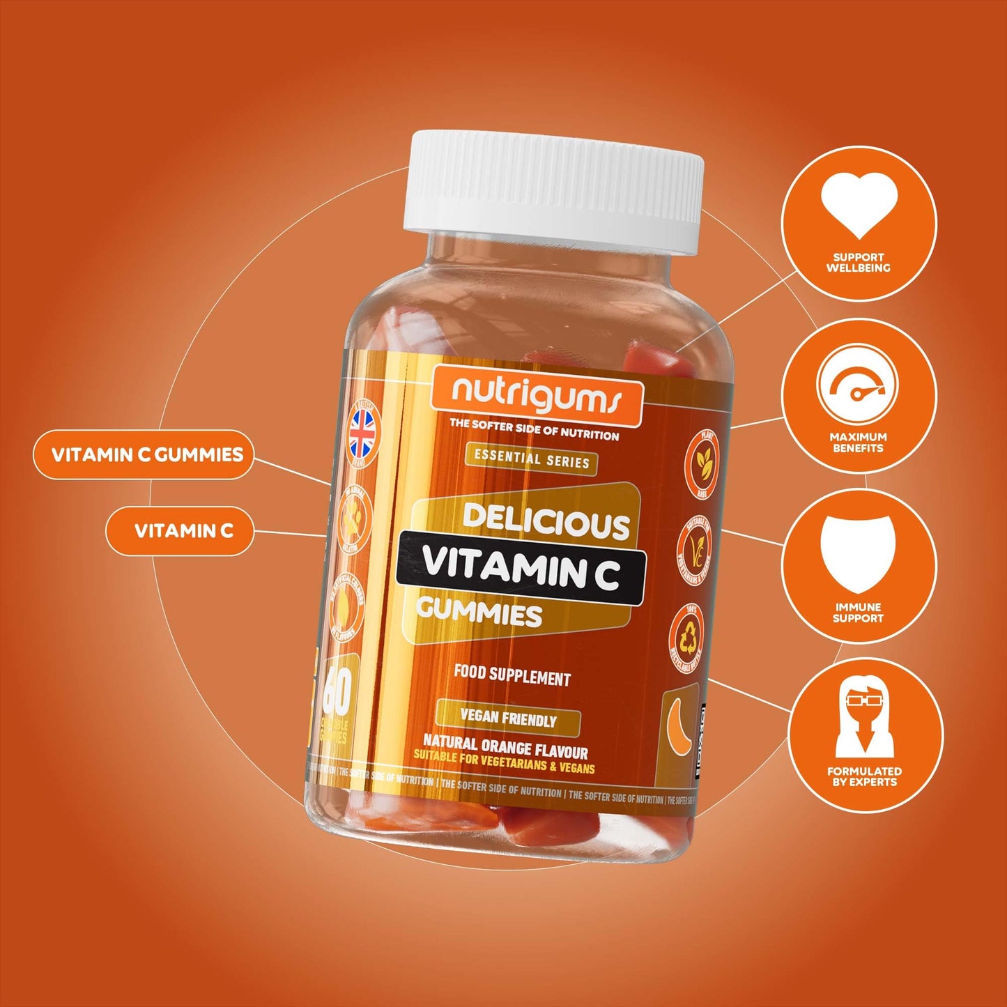 Nutrigums Vitamin C 80mg Gummy | Orange Flavour | 60 Vegan Gummies | Immune, Energy & Collagen Formation Support by NUTRIGUMS®