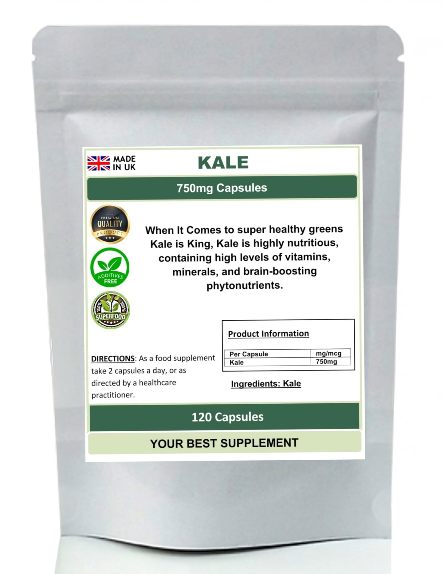 Your Best Supplement Kale Capsules 800mg 100% Natural (pure no additive or fillers) Superfood, Detox (120)