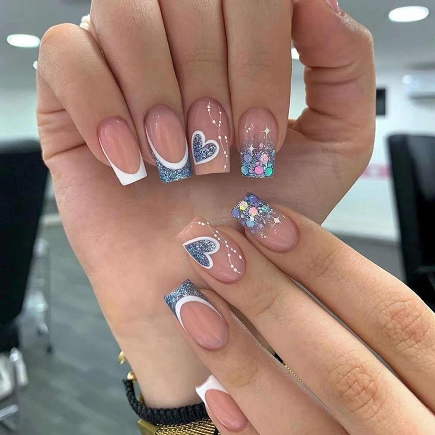 Generic 24Pcs Short Almond French Press on Nails with Glitter Hearts and Sparkling Design, Nude Pink and Blue Accents, for Manicure and Nail Art