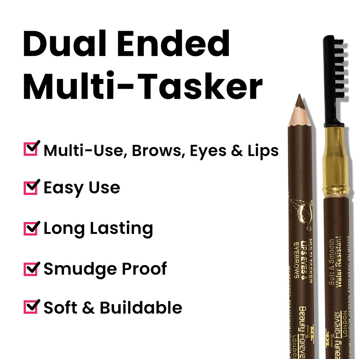 BF Beauty Forever Beauty Forever Dual Ended True Kohl Eyebrow Pencil & Multi Tasker with Sharpener & Separator Comb, Lip liner, Eyeliner, Smudge & Waterproof (Brown)