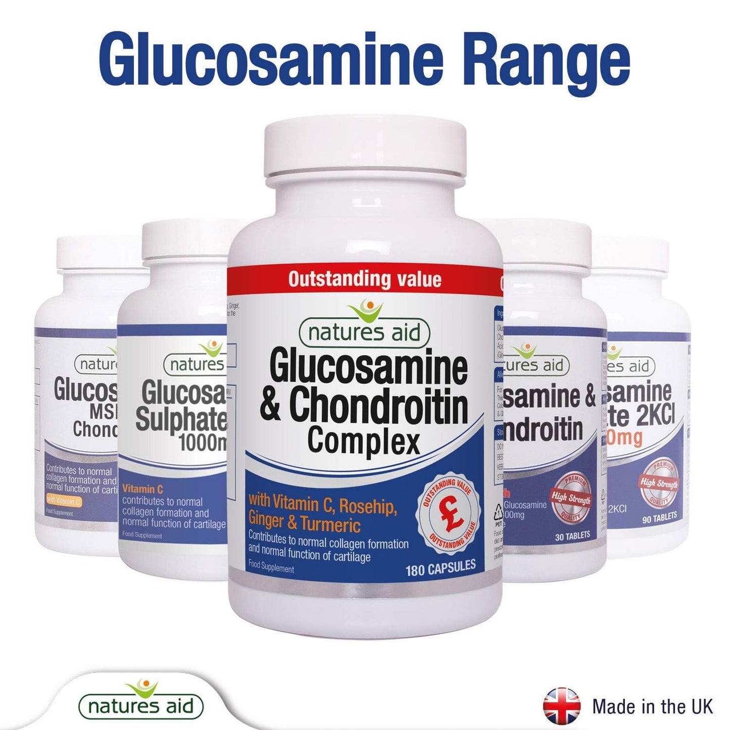 Natures Aid Glucosamine and Chondroitin Complex, with Vitamin C, Rosehip, Ginger and Turmeric, 180 Capsules,package may vary