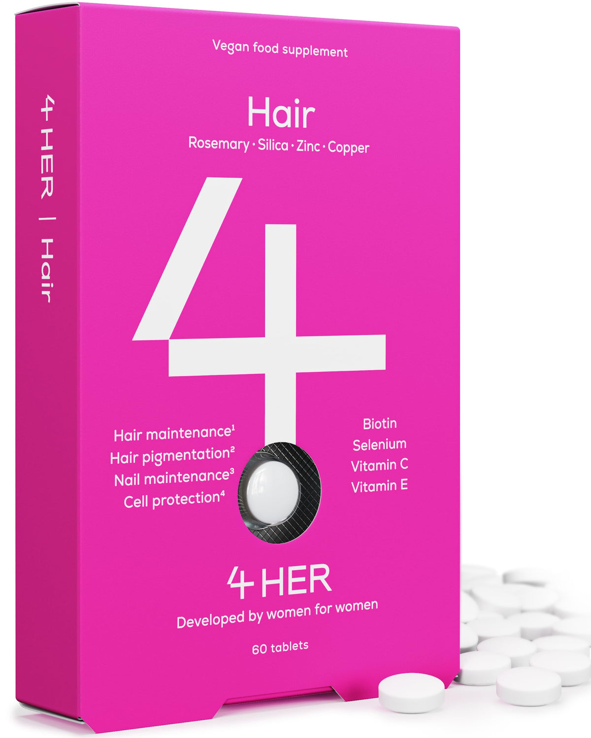 4 HER Hair Supplements for Women - 60 Vegan Tablets - Hair and Nails Vitamins for Women - Biotin, Rosemary, Selenium, Zinc, Copper and Millet Extract - for Hair and Nail Maintenance