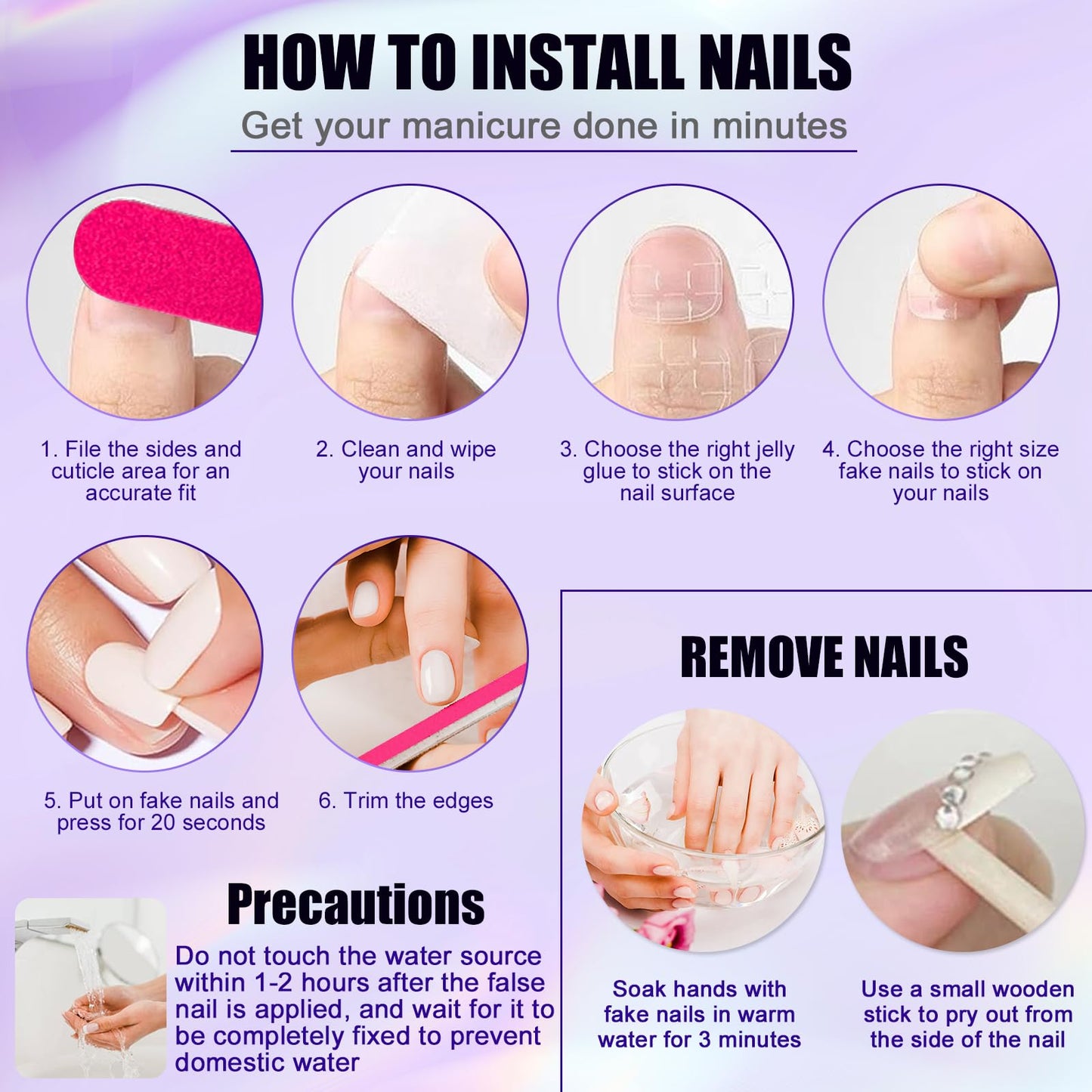 Viugex 24Pcs Blue French Tip Press on Nails, Acrylic False Nails Short Square Glossy Fake Nail Kit, Natural Glue on Nail with 3D Flowers, Reusable Gel Stick on Nails for Women Girls Manicure Art