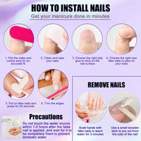 Viugex 24Pcs Blue French Tip Press on Nails, Acrylic False Nails Short Square Glossy Fake Nail Kit, Natural Glue on Nail with 3D Flowers, Reusable Gel Stick on Nails for Women Girls Manicure Art