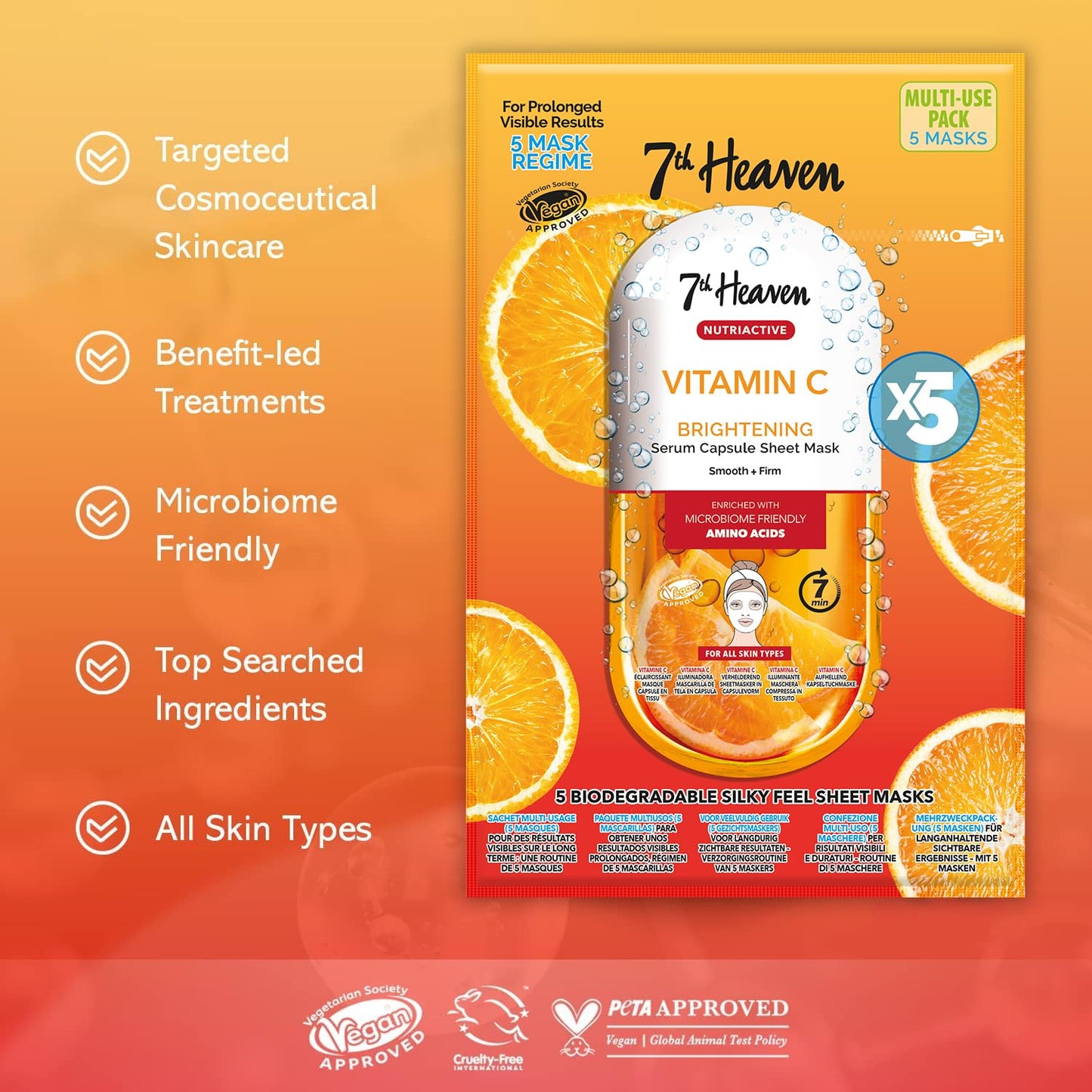 7th Heaven Nutriactive Vitamin C Sheet Masks Multipack (Pack of 5). Brightening Face Mask Set with Amino Acids. Vit C Serum Sheet Face Masks. Vegan Skin Care Set - Genuine 7th Heaven Face Masks