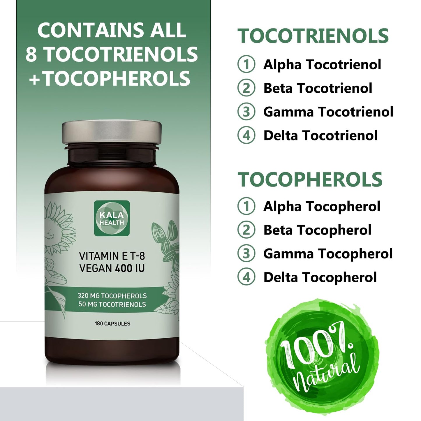 Kala Health Vitamin E - All 8 Tocopherols + Tocotrienols 400 IU Vegan - Alpha Tocopherol/Tocotrienol + Beta Tocopherol/Tocotrienol + Gamma Tocopherol/Tocotrienol + Delta Tocopherol/Tocotrienol