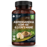 NEW LEAF PRODUCTS Ashwagandha KSM-66 and Lions Mane Capsules - High Strength 2000mg KSM-66 Ashwaghandha Root Extract and Lions Mane Mushroom Extract - 120 Vegan Capsules with Black Pepper - UK Made by New Leaf