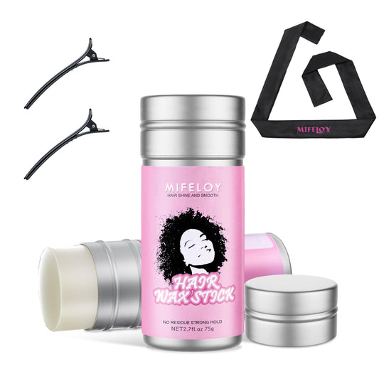 Mifeloy 75g Hair Wax Stick, Pomade Tamer for Smoothing Flyaways Control Taming Frizz Hair, Styling Cream Gel, Women Slick Back Glue, Bed Head Waxes, Satin Edge Laying Scarf, Duckbill Clips - Black