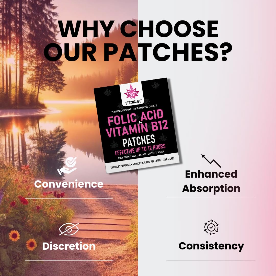 Stronglife Folic Acid & Vitamin B12 Patches – High Absorption, 12-Hour Release – Supports Energy, Mood, & Immune Health – Easy-to-Use – 30 Patches – Natural Ingredients – Like - Capsules & Powder