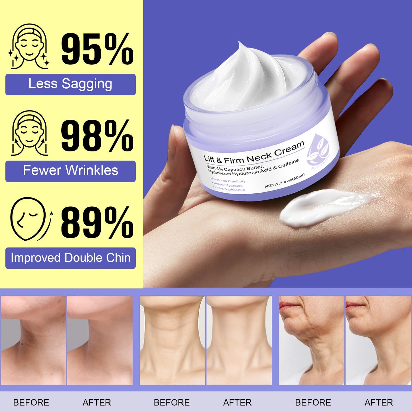 RoongDuuDll Neck Creams for Tightening and Firming, Neck Firming Cream, Tighten and Lift Neck Cream for Neck and Chest Firming, Smoothing Wrinkles & Fine Lines with Cupuacu Butter, Skin Tightening Cream for Body