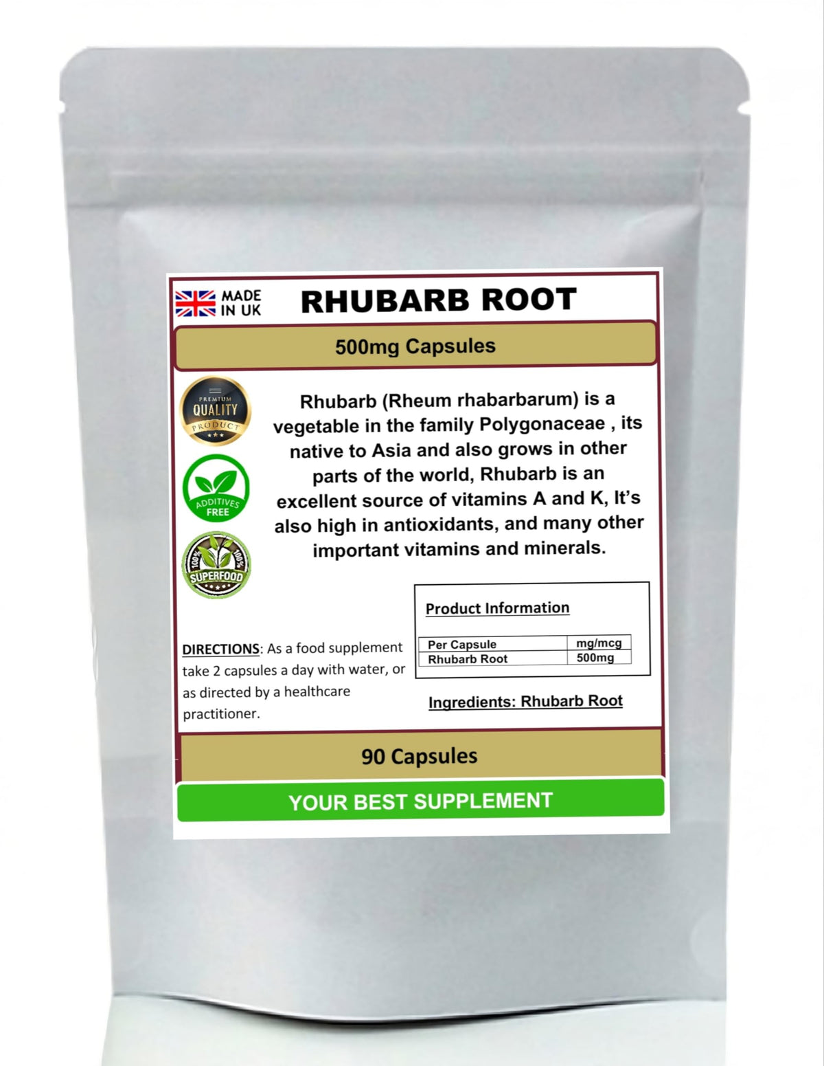 Your Best Supplement Rhubarb Root Capsules 500mg 100% Pure No Additives, High Strength (90)