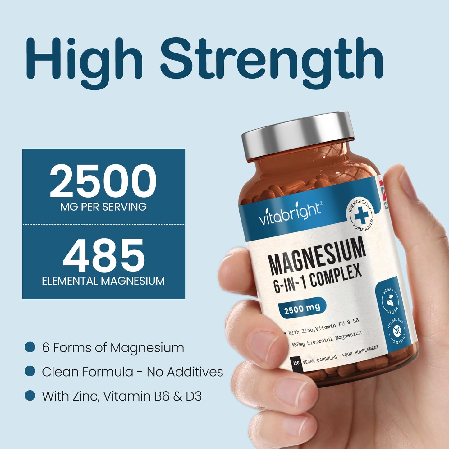 VitaBright Magnesium Glycinate 6-in-1 Complex 2500mg, 485mg Elemental Magnesium Supplements High Strength, With Zinc, Vitamin D3 & B6, 120 Capsules