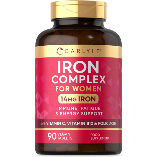 Iron Supplements for Women | with Vitamin B12, Vitamin C and Folic Acid | High Strength 14mg Iron | 90 Vegan Tablets | by Carlyle