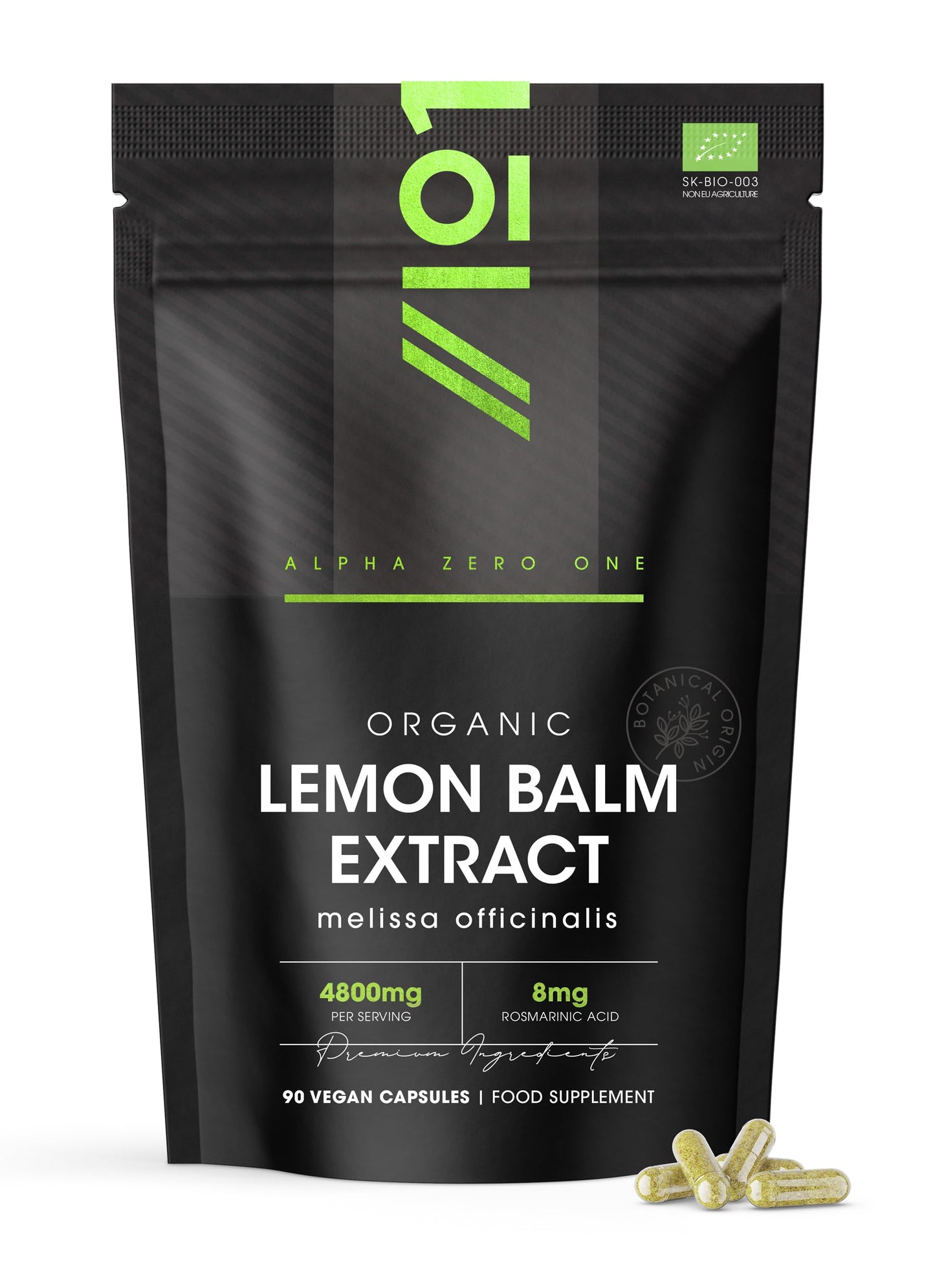 ALPHA01 Organic Lemon Balm Extract 4800mg - 8mg Rosmarinic Acid from High Strength 6:1 Extract - 90 Vegan Capsules - Resealable and Recyclable Pouch by Alpha01