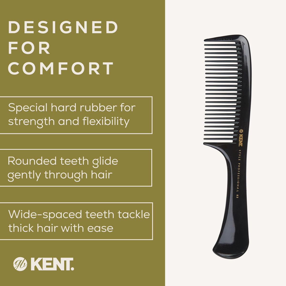 KENT Kent Brushes Handled Rake Comb SPC83 - Wide-Tooth Detangling Comb for Wet or Dry Hair, Strong Moulded Rubber with Easy-Grip Handle for Gentle, Tangle-Free Styling