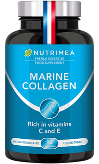 Pure Marine Collagen (900mg) - Enriched with Vitamins C and E – Patented Premium Type I & II Hydrolysed Collagen - Skin Hydration - Protect Bones and Joints - 90 Capsules - French Expertise