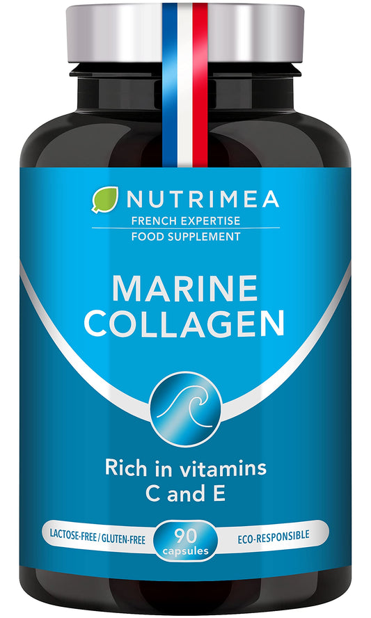 Pure Marine Collagen (900mg) - Enriched with Vitamins C and E – Patented Premium Type I & II Hydrolysed Collagen - Skin Hydration - Protect Bones and Joints - 90 Capsules - French Expertise