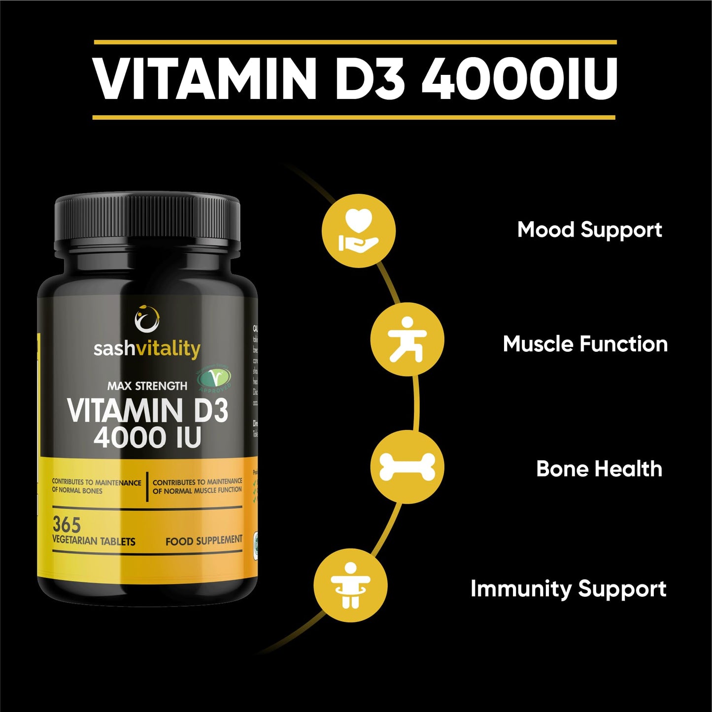 Vitamin D3 4000 IU – 365 Vegetarian D3 Easy Swallow Micro Tablets | Highest Strength Cholecalciferol VIT D3 - Vegetarian Certified - UK Made Sash Vitality | Support Mood | Supports Bone Health