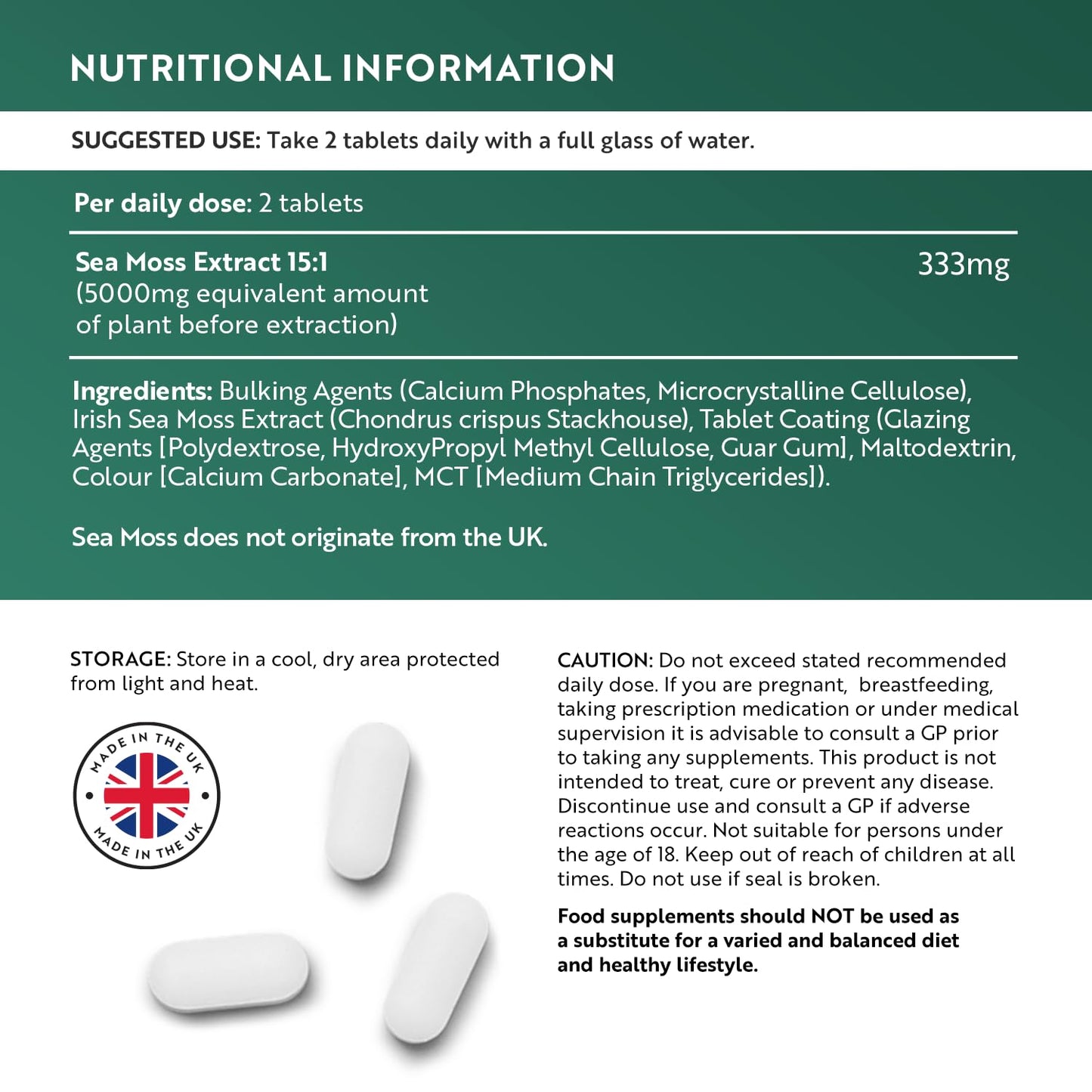 5000mg Sea Moss Tablets - 400 Irish Sea Moss Vegan Supplements for 6.5 Months of Supply, Contributes to Normal Energy-Yielding Metabolism, Skin & Cognitive Function (EFSA) Made in The UK by Nutravita