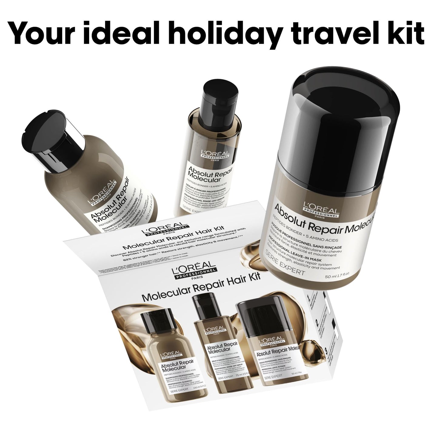L'Oréal Professionnel Paris L'Oréal Professionnel Absolut Repair Molecular Shampoo, Rinse-Off Serum & Leave-In Treatment Mini Trio Kit, For Extremely Damaged Hair, Molecular Bond Repair & restores strength, 100ml, 75ml & 50ml