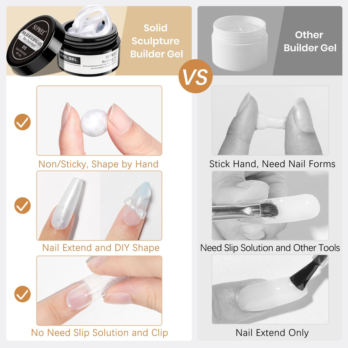 SUPWEE Solid Builder Gel, Pearl White 3D Sculpture Gel Nail Art Non-Stick Hand Nail Extension Varnish for Carving Patterns Decoration DIY Home Salon Manicre