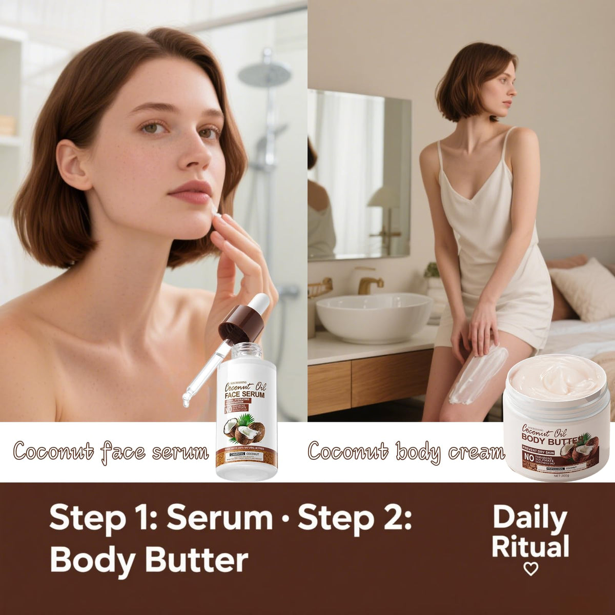 Tongyend Coconut Body Butter & Face Serum Duo | Coconut Moisturiser, 200g Hard Water Shield Body Cream + Face Serum for Dry Skin, Natural Moisturiser Set for Silky Hydration & Nourishing Care