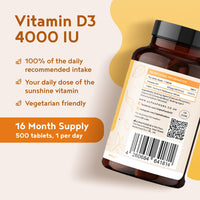 Vitamin D Tablets 4000 IU - 500 Vegetarian Vitamin D3 Tablets [16 Month Supply] | High Strength VIT D | Supports Immune System and Bone Health | Alpha Foods