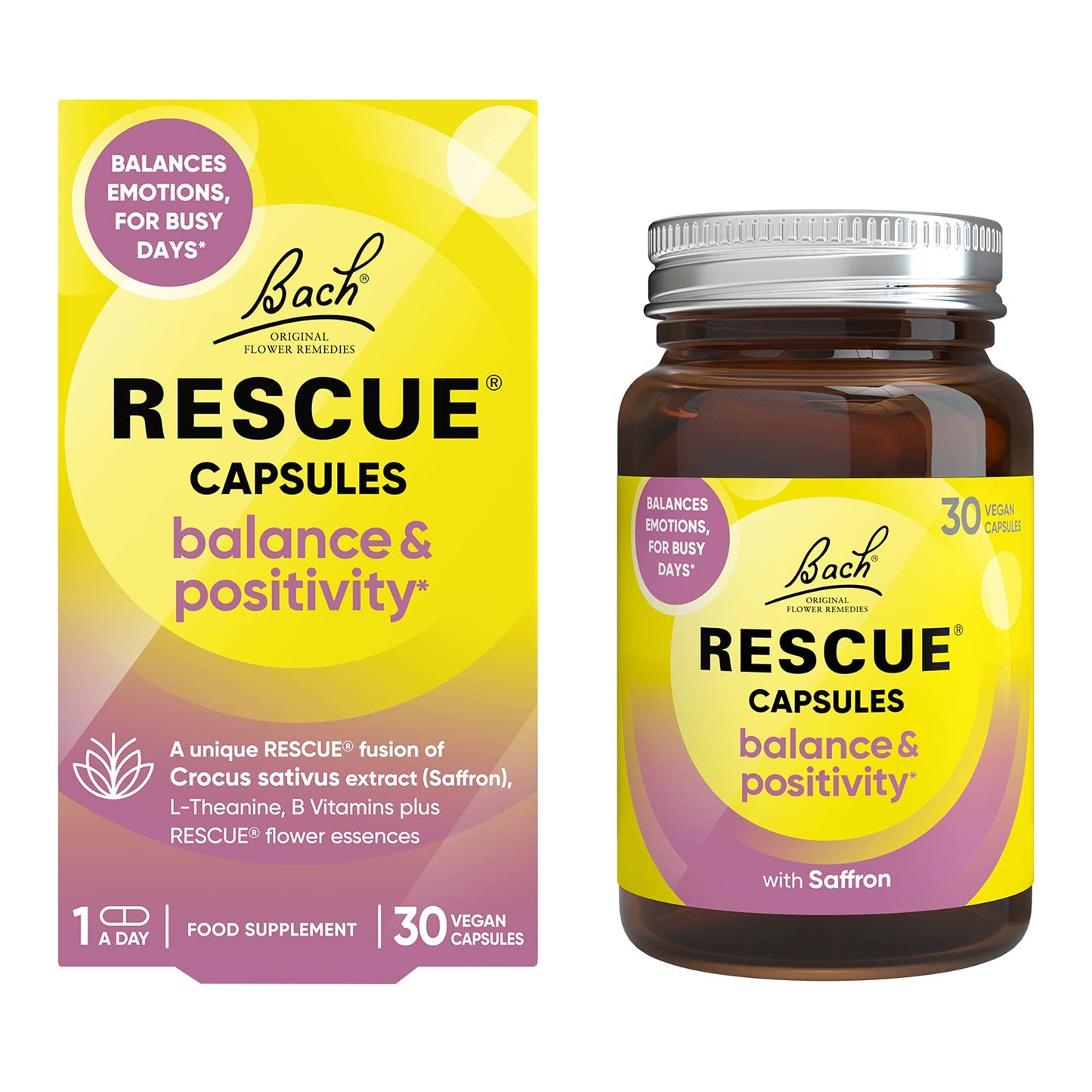 Rescue Balance and Positivity Capsules (30 Day Supply) Saffron, B5 B12 Vitamins, Flower Essences, Vegan Mood Enhancer Capsules for Emotional Balance and Busy Days