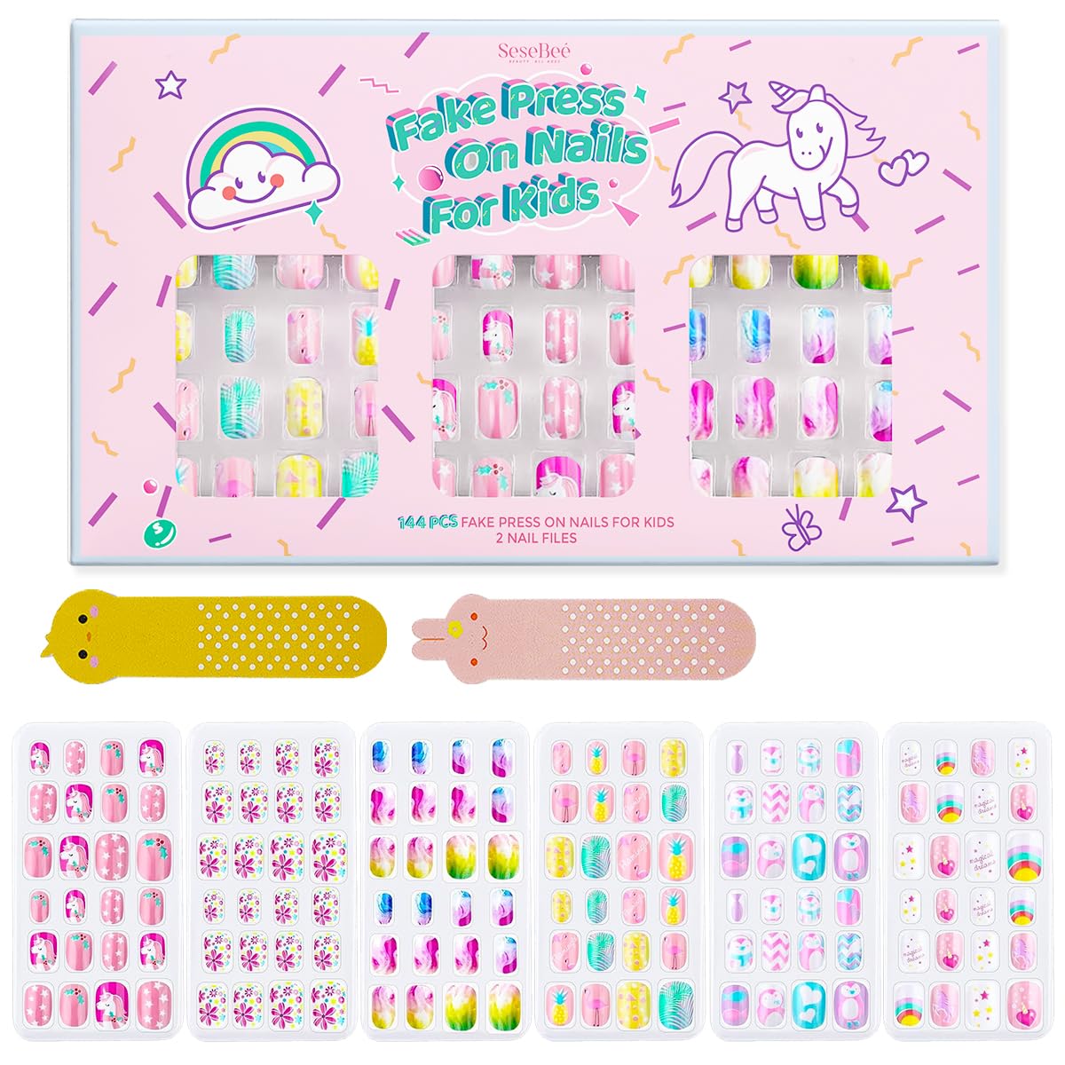 SeseBee 144Pcs Kids Press on Nails Children Girls Short Artificial Fake Nails No fading Stable Quick Stick on Cute Rainbow Unicorn Pre Glue Full Cover Acrylic Nail Tip Kit Gift Kids Nail Decoration (Unicorn)