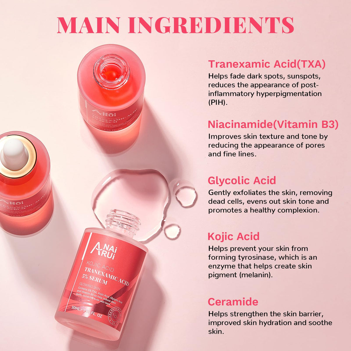 ANAI RUI ANAiRUi Tranexamic Acid Serum, Dark Spot Correcting Serum with Glycolic Acid + Kojic Acid, Targets Hyperpigmentation, Even Skin Tone, 30 ml