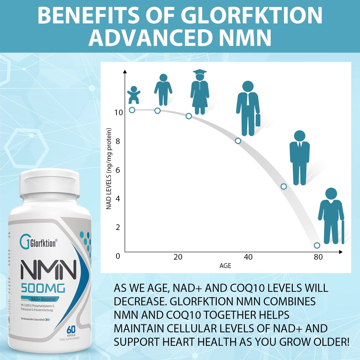 Glorfktion NAD Supplement | 750mg Advanced NAD Contains All 7 Ingredients in 1 Capsule | NAD+ Booster for Anti Aging | 60 Count Capsules (60 Count (Pack of 1))