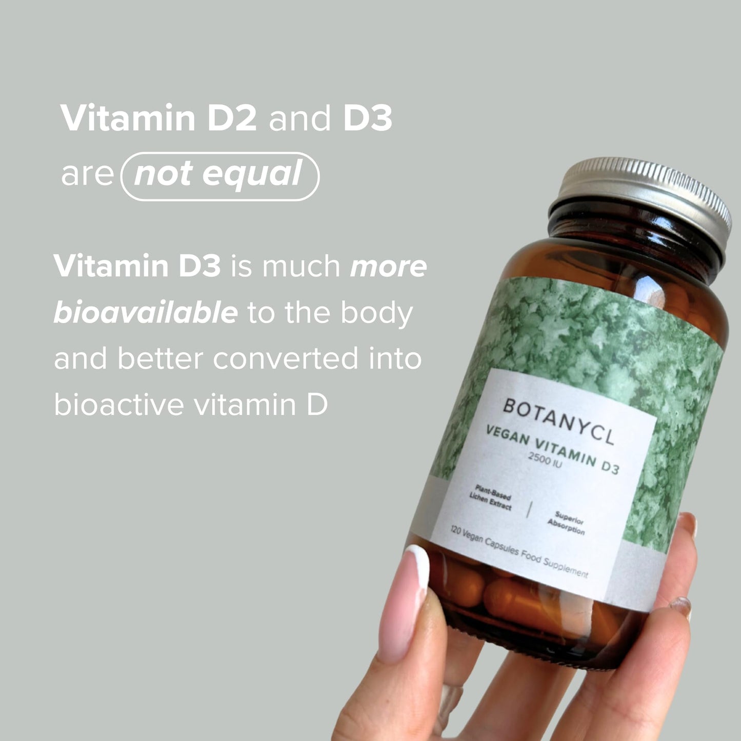 BOTANYCL Botanycl Vegan Vitamin D3 - As Seen on Dragons’ Den - 2500 IU - 120 Capsules - 4 Month Supply - 100% Plant-Based from Lichen - Supports Hair, Mood, Immune Health & Bone Strength