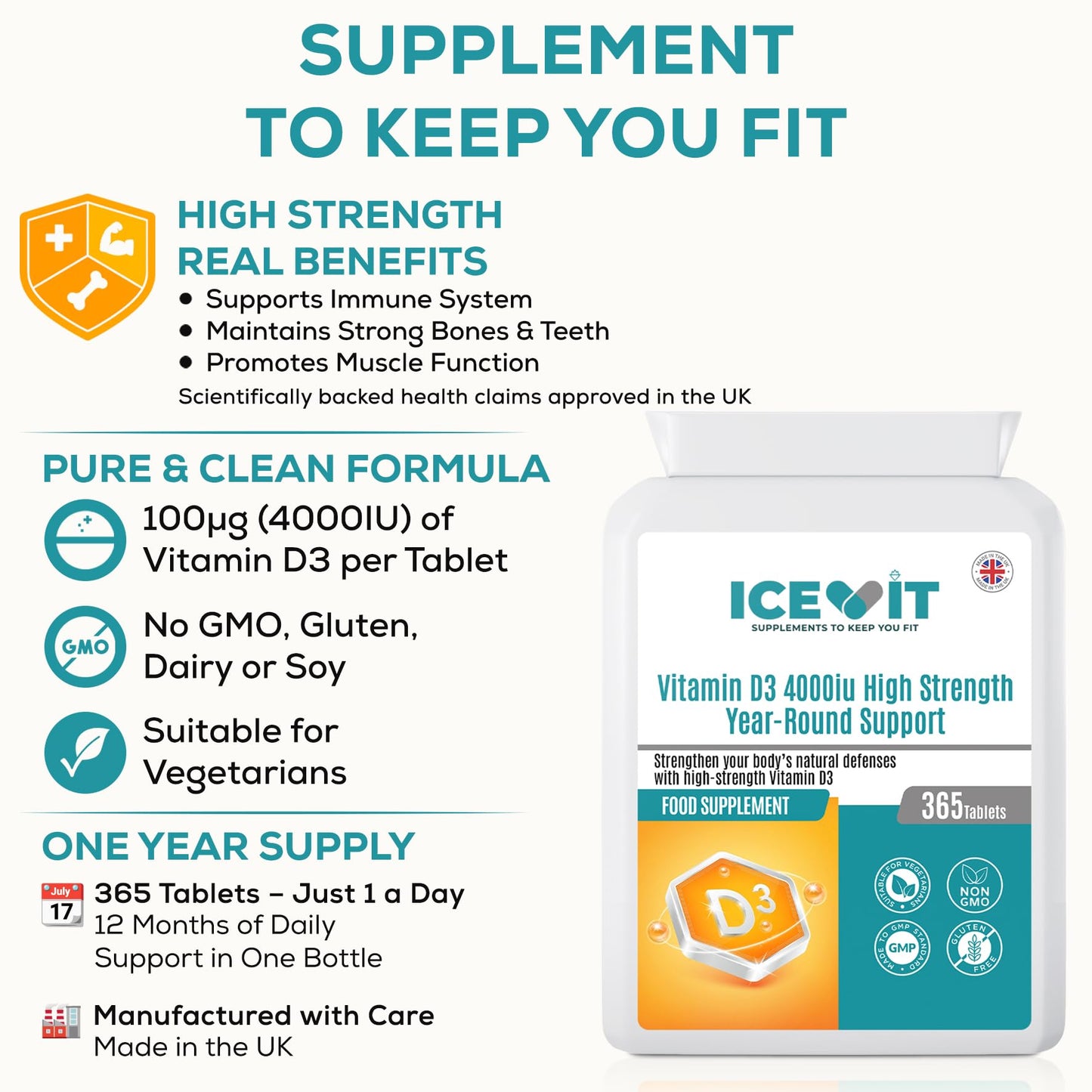 ICEVIT Vitamin D 4000IU 365 Vegetarian Tablets | High Strength Cholecalciferol Vitamin D3 Supplement | Manufactured in UK