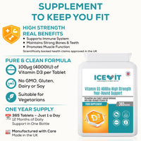 ICEVIT Vitamin D 4000IU 365 Vegetarian Tablets | High Strength Cholecalciferol Vitamin D3 Supplement | Manufactured in UK