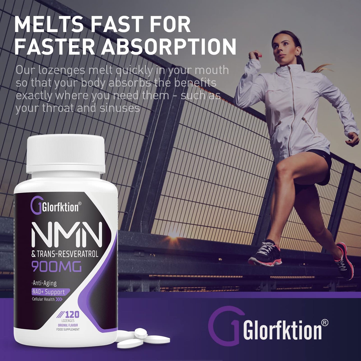 Glorfktion Trans-Resveratrol & NAD+ 900mg, Enhanced with Black Pepper for Max Absorption, 120 Fast-Acting Lozenges for 4 Month Supply((120 Count (Pack of 4)))