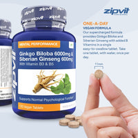 Zipvit Ginkgo Biloba and Siberian Ginseng, Standardised Ginkgo 6000mg and Ginseng 600mg with Vitamins B3 and B5. 120 Vegan Tablets for Focus,Mental Performance,Boost Energy. 4 Months Supply