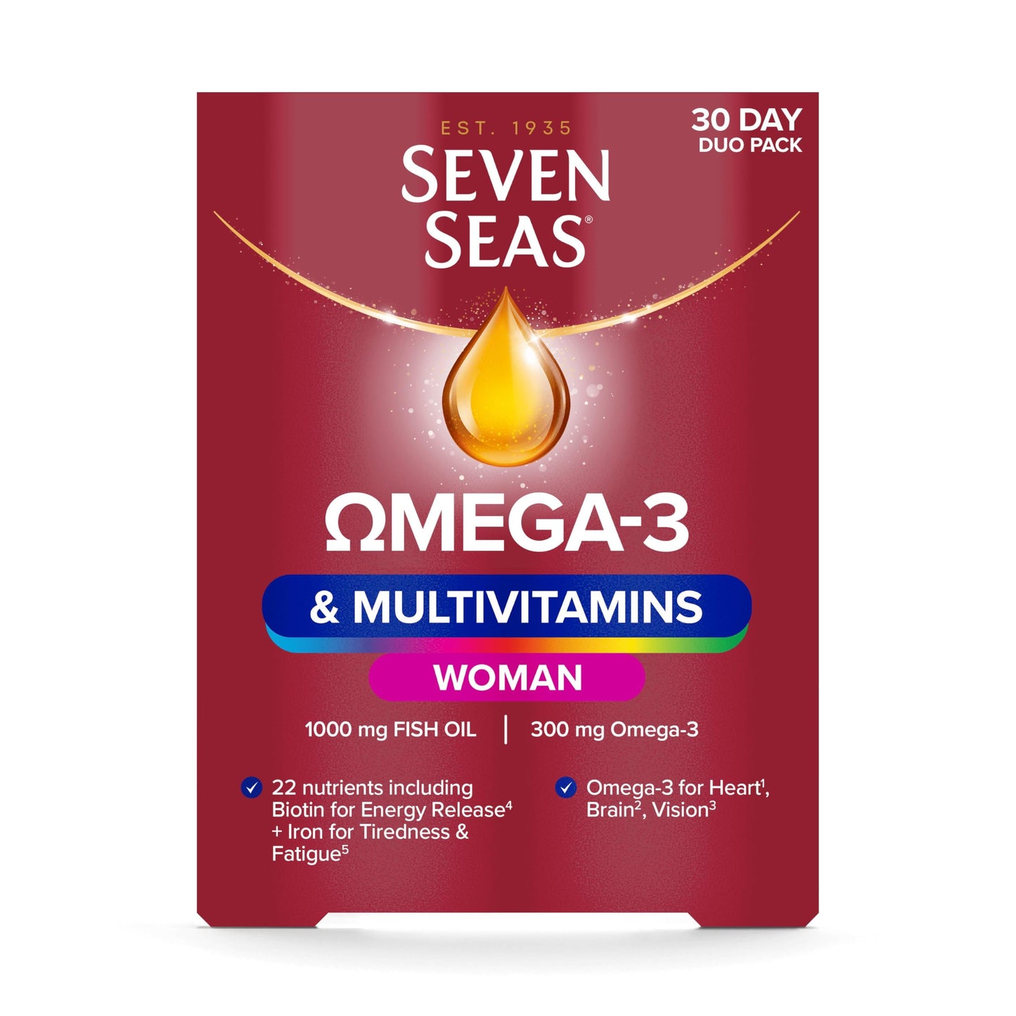 Seven Seas Omega-3 & Multivitamins Woman, With Biotin and Iron, 30-Day Duo Pack, 30 Omega-3 Capsules and 30 Multivitamin Tablets