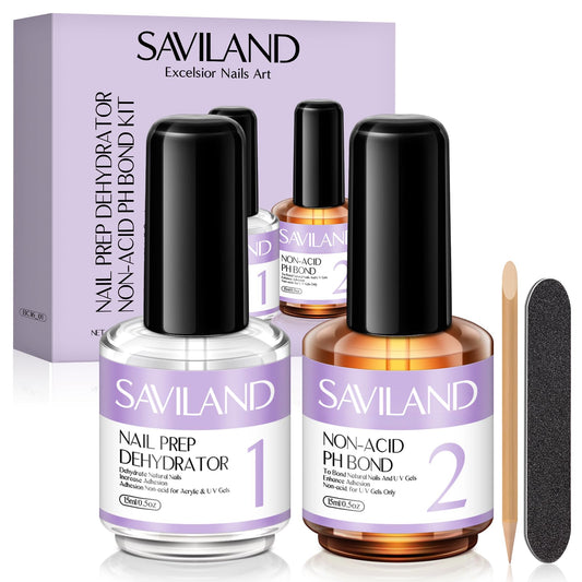 Saviland Nail Prep Dehydrate and Acid-free Primer, Fast Air Dry Long-Lasting Superior Bonding Nail Prep Set for Gel Nail Polish,Acrylic Powder etc