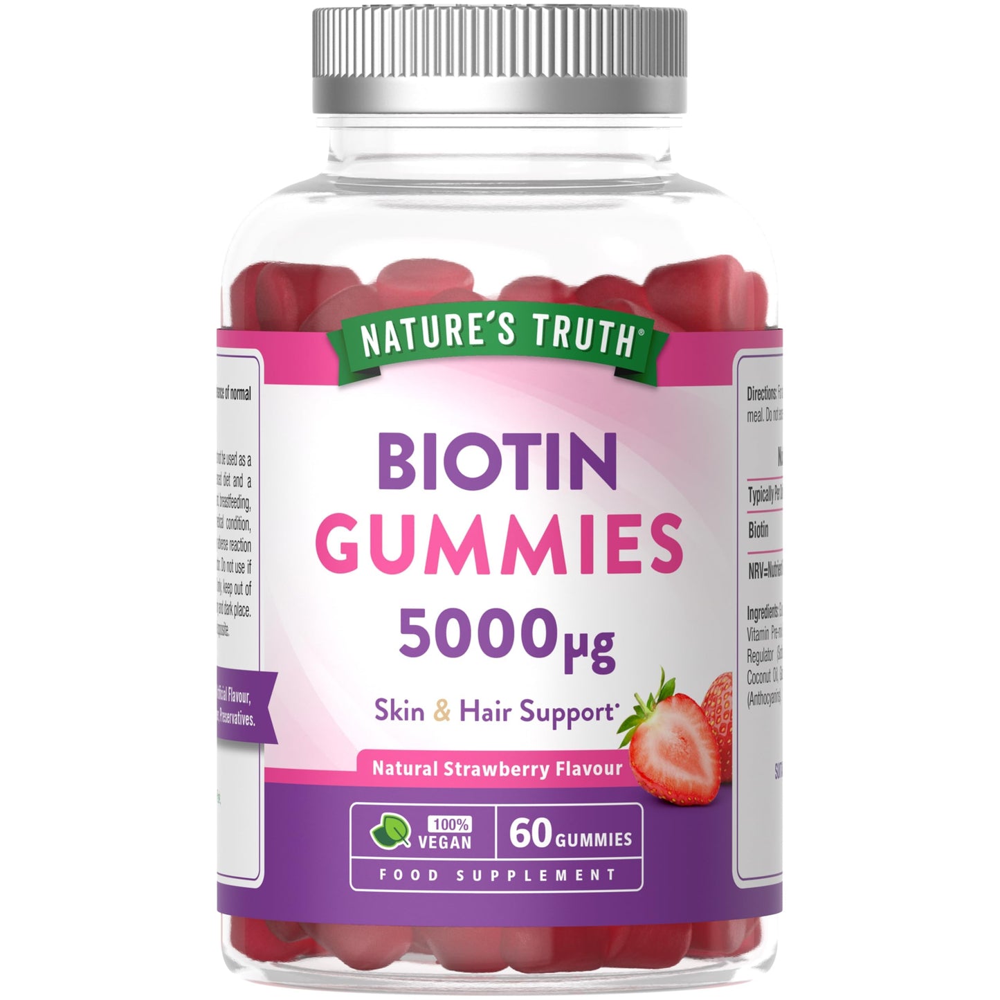 Nature's Truth Biotin 5000ug - 60 Vegan Gummies - Skin & Hair Support - Natural Strawberry Flavour