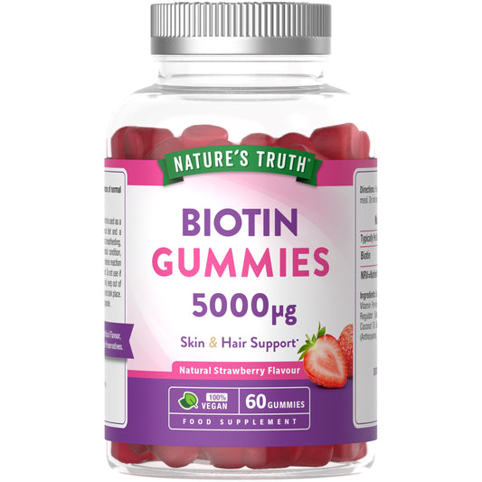 Nature's Truth Biotin 5000ug - 60 Vegan Gummies - Skin & Hair Support - Natural Strawberry Flavour