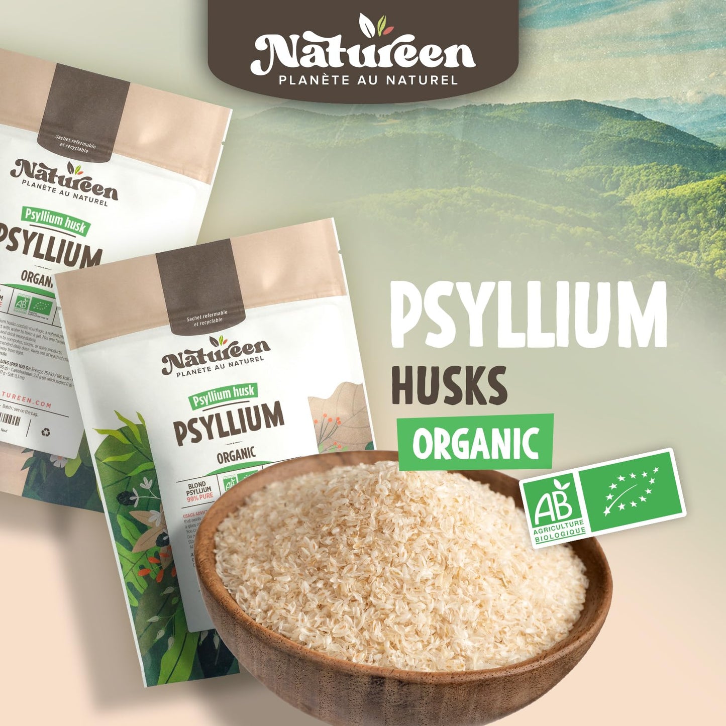 Planète au Naturel Organic Raw Psyllium Husk - 99% Pure Grade - Natural Fiber - 500 g
