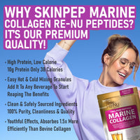 Premium Hydrolysed Marine Collagen Peptide Powder + VIT C, B Complex Hyaluronic Acid, & Stevia. Delicious Taste/No Fishy Smell - SkinPep® Collagen Re-Nu 70g