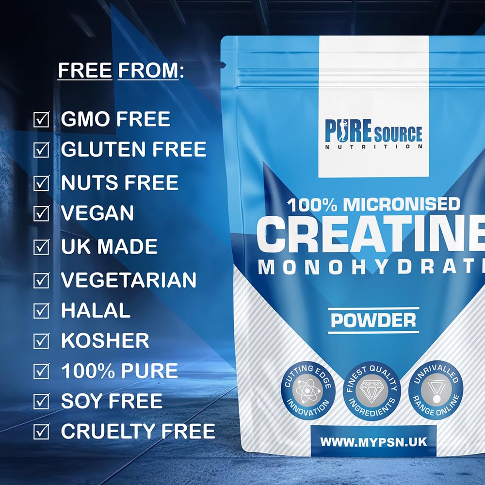 Pure Source Nutrition Creatine Monohydrate Powder Vegan Gluten Free 100% Micronised Creatine Unflavoured Proven to Improve Physical Performance and Recovery Powder (250g)
